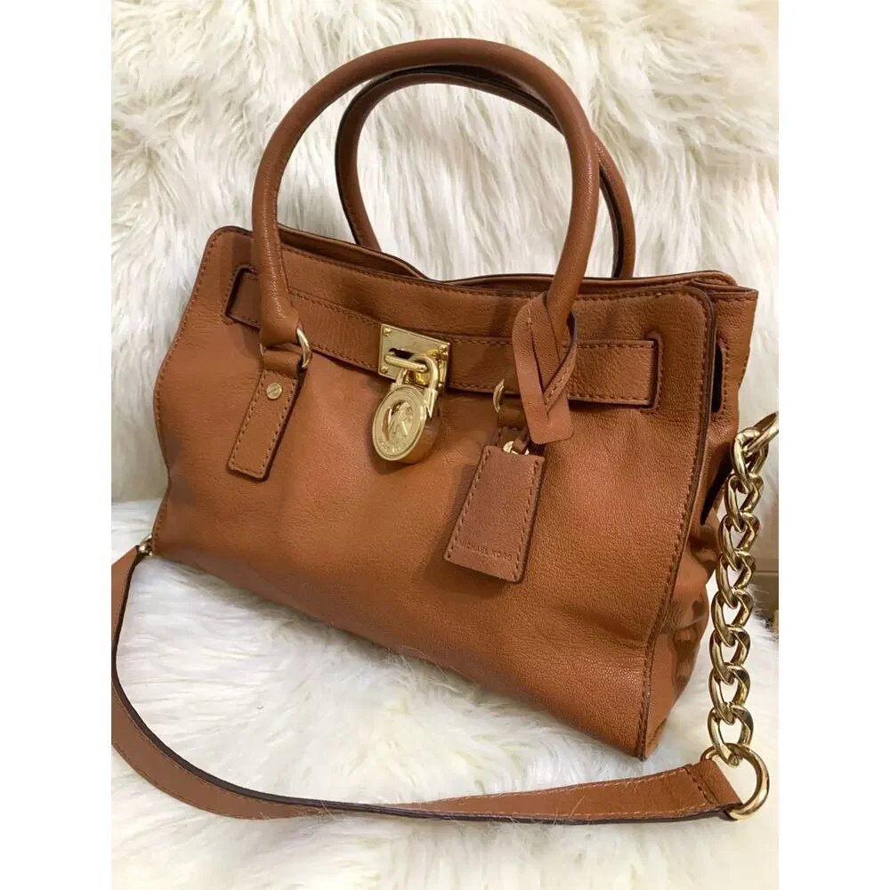 MICHAEL KORS Luggage Tan Pebbled Leather Vintage HAMILTON Lock Satchel - MINT!